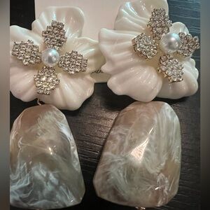 Large statement flower earrings.   Taupe drop.   Pierced ears.
